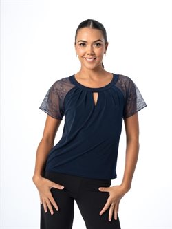 Navy dansebluse med korte blonde ærmer fra Intermezzo